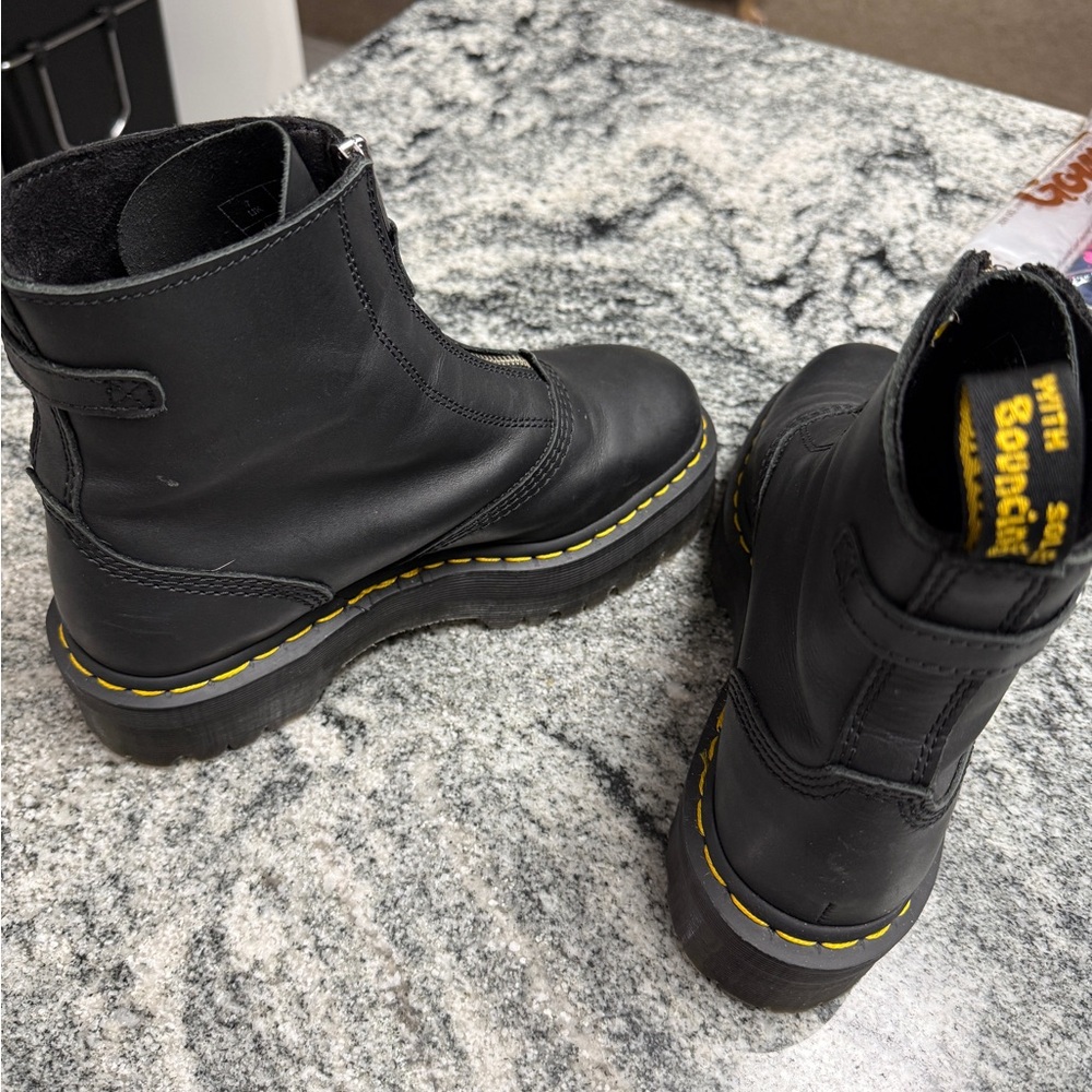 Dr. Martens Black Leather Front-Zip Platform Boots with Yellow Stitching - Picture 3 of 6